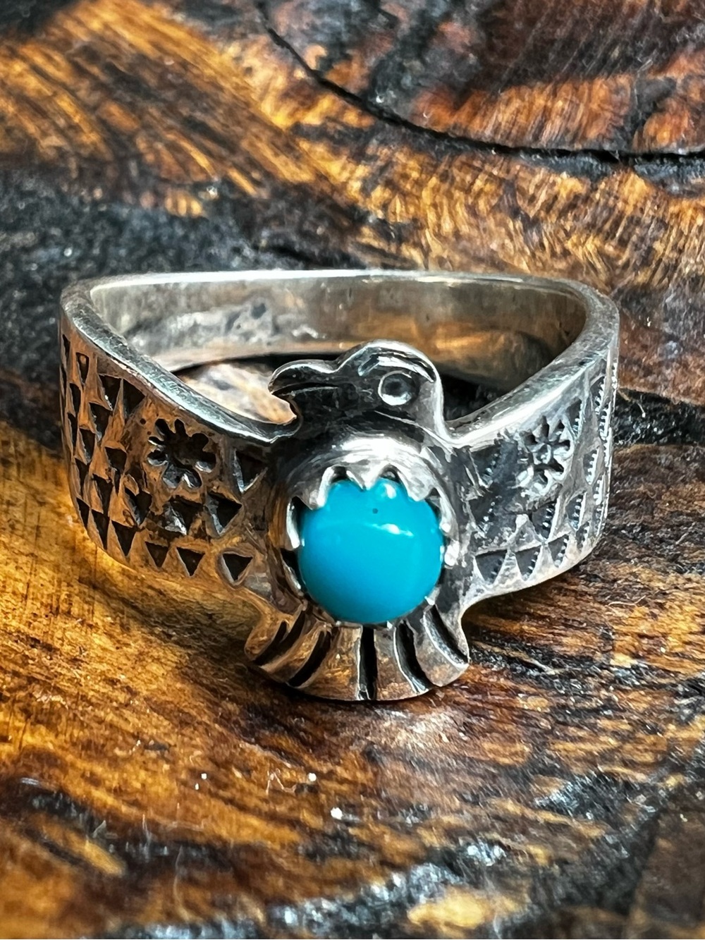Sterling Silver Kingman Turquoise Thunderbird Ring Size 7.25